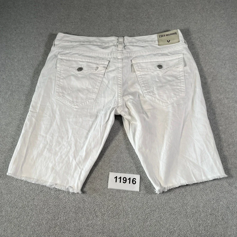 True Religion Ricky Denim Shorts Mens 42 Off White Cotton Relaxed Fit Frayed Hem